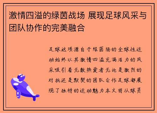 激情四溢的绿茵战场 展现足球风采与团队协作的完美融合