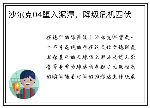 沙尔克04堕入泥潭，降级危机四伏