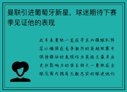 曼联引进葡萄牙新星，球迷期待下赛季见证他的表现