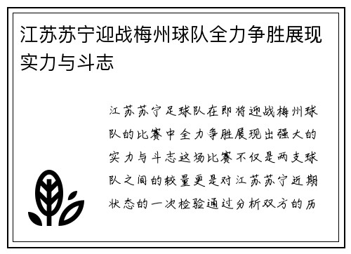江苏苏宁迎战梅州球队全力争胜展现实力与斗志