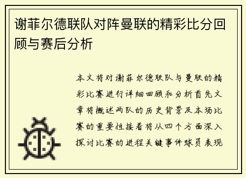 谢菲尔德联队对阵曼联的精彩比分回顾与赛后分析