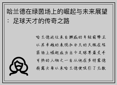 哈兰德在绿茵场上的崛起与未来展望：足球天才的传奇之路
