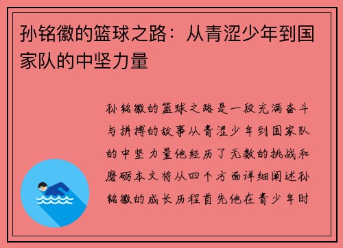 孙铭徽的篮球之路：从青涩少年到国家队的中坚力量