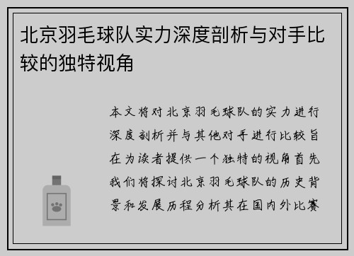 北京羽毛球队实力深度剖析与对手比较的独特视角