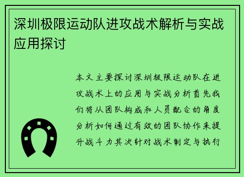 深圳极限运动队进攻战术解析与实战应用探讨